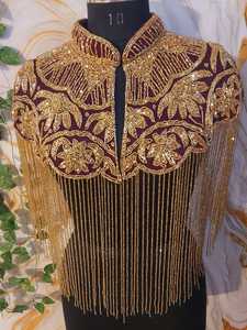 Luxury Gold Hand Embroidered Beaded Fringe Cape Blouse Designer Sequin Tassel Shoulder Collar <b>Top</b> for Wedding & Stage Wear - Product Image 4