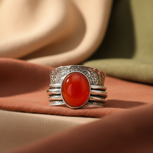 Hydro Carnelian <b>Ring</b> Handmade Vintage <b>Silver</b> Plated Brass <b>Statement</b> Boho Red Gemstone TownIN Rajasthan Spinner Lightweight - Product Image 4