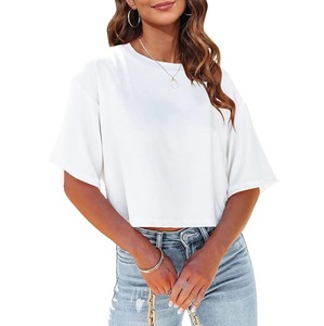 Camiseta Corta Blanca para Mujer, Manga Corta, Cuello Redondo, Corte Holgado, Color Sólido, Popelina, para Primavera/Verano, Uso Diario - Product Image 1
