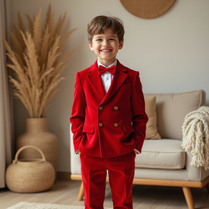 Boys Red Velvet Double Breasted Tuxedo Suit | <b>Kids</b> Wedding Suit | <b>Ring</b> Bearer Formal Blazer Set | Custom Made - Product Image 3