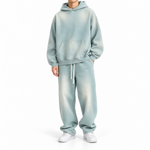 Ensemble sweat à capuche et pantalon de survêtement délavé pour homme, violet uni, coupe ample, survêtement 2 pièces, streetwear décontracté - Product Image 4
