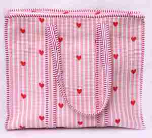 Bolso Tote Acolchado con Corazón Rosa, Bolso Tote de Algodón Hecho a Mano, Bolso de Hombro a Rayas para el Día de San Valentín, Bolso de Compras Bonito, Regalo para Ella - Product Image 1