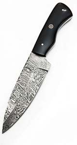 Cuchillo utilitario artesanal de acero de Damasco para exteriores, mango de cuerno negro, hoja fija, herramienta de artesanía - Product Image 4