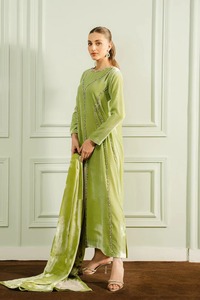 Robe de soirée pakistanaise en velours vert lime tendance, élégante, brodée de cristaux, longue kurta, pantalon droit, ensemble de luxe - Product Image 6