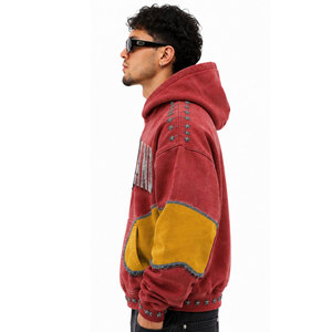 YOURBRAND Oversized Hooded <b>Sweatshirt</b> <b>Red</b> Yellow Patchwork Print <b>Men's</b> Autumn Wear Breathable Cotton Hoodie Regular Fit - Product Image 5