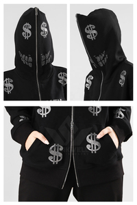 Sudadera con capucha y cremallera frontal para mujer, negra con estampado de purpurina y bloques de color, de ajuste regular, informal, de punto, de manga larga, para invierno. - Product Image 5