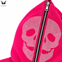 Sweat à capuche zippé intégral personnalisé Y2K avec strass et motif squelette rose vif, coupe oversize, pour hommes et femmes, style streetwear