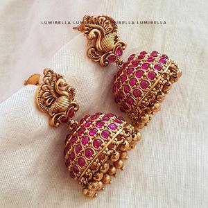 Ruby Kemp Gold Plated Diamond and Pearl Drop Jhumka Earrings for Wedding and Party - Product Image 1