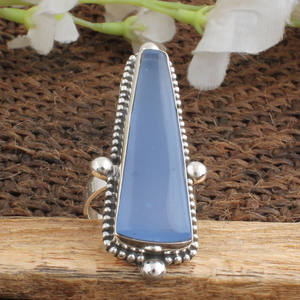 Anillo de Plata de Ley 925 con Calcedonia Azul Natural, Anillo Largo Geométrico con Piedra Preciosa para Mujer, Joyería Étnica Hecha a Mano - Product Image 4