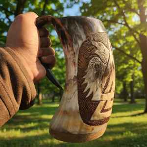 Custom Engraved Rustic Viking Eco-Friendly Durable <b>Large</b> Capacity Handmade Natural Buffalo Horn Beer <b>Mug</b> with Handle - Product Image 1