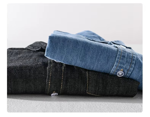 Camisa vaquera de hombre de manga larga, delgada, lisa, 100% algodón, suave, transpirable, con cuello alto, para invierno, 220g, con botones cubiertos - Product Image 6