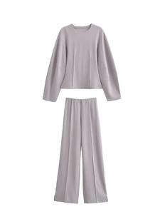 ชุดเซ็ต 2 ชิ้นสำหรับผู้หญิง แฟชั่นผ้าสองด้านทรงเข้ารูป คอกลม แขนยาว เสื้อท่อนบนหรูหรา ยืดหยุ่นได้ กางเกงขายาวทรงหลวม สวมใส่สบาย - Product Image 2