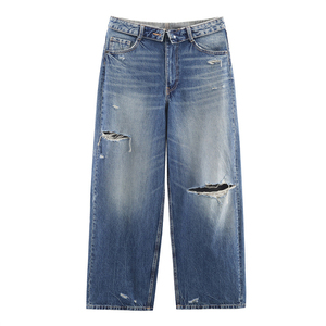 Jeans en denim coupe droite taille mi-haute pour homme, délavage clair, style décontracté et mode urbaine, personnalisables OEM, pour la saison d'automne - Product Image 1