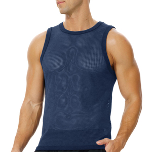 Men's <b>Navy</b> Blue O-Neck Sleeveless Tank <b>Top</b> 100% Cotton Breathable Knitted Sport & Casual Wear Front Logo - Product Image 1