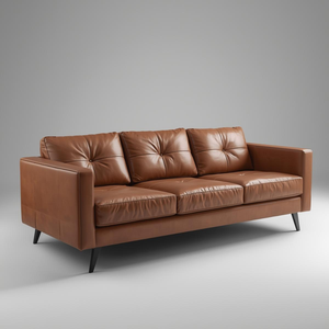 Sofá de Cuero Vacuno Genuino de Estilo Moderno de Mediados de Siglo, 3 Plazas, Tapizado en Cuero Marrón, Líneas Minimalistas, para Muebles de Sala de Estar - Product Image 1