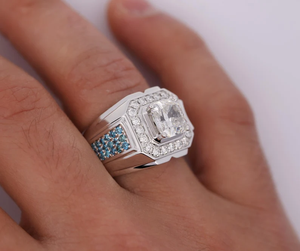Bague de cocktail géométrique pour homme avec diamant taille princesse serti pavé, pierres bleues, plaqué rhodium, argent 925 - Product Image 3