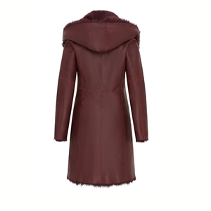 Burgundy Color Women's Toscana Sheepskin <b>Hooded</b> Trench <b>Jacket</b> Lightweight Polyester Lined Luxury Winter Leather Wear - Product Image 3