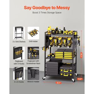 4-Tier Heavy Duty 150 Lbs Load Capacity <b>Rolling</b> Storage <b>Rack</b> Drill Holder Stable Floor Stand Tool Organizer Cart for Garage Use - Product Image 2