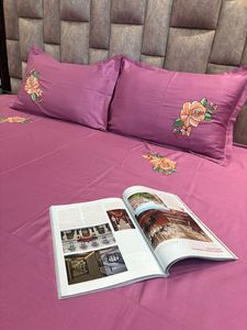 Rose Floral Design Wine Color Embroidered Cotton Bedsheet <b>Set</b> Soft Luxury <b>Bedding</b> <b>Set</b> Queen Size High Quality - Product Image 3