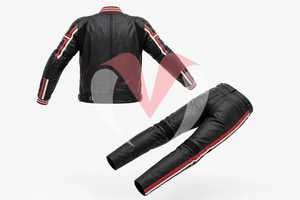 Conjunto de Chaqueta y Pantalones de Motocicleta de Cuero Negro para Hombre, Traje de Conducción Resistente al Viento con Rayas Rojas y Blancas - Product Image 2