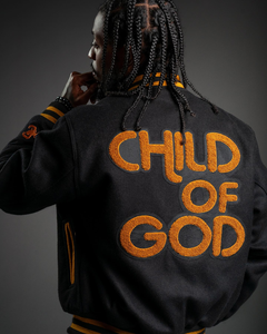 Child of God Vintage Wool Bomber Jacket Stand Collar Front Logo Pride Black College University Lettermen Streetwear - Product Image 3