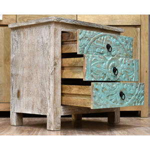 Hand Carved Solid Mango Wood Accent Cabinet 3 <b>Drawers</b> White Finish Farmhouse Style Nightstand for Home Office Hotel Bedroom - Product Image 4