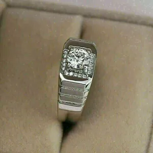 Moissanite Silver <b>Ring</b> <b>Men</b> Luxury Square Halo Diamond Look Wedding Band - Product Image 3