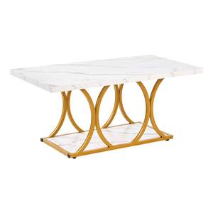 Modern 2-Tier <b>White</b> Faux Marble <b>Coffee</b> <b>Table</b> Minimalist Metal Frame Geometric Legs Easy Assembly Accent End Desk for Living Room - Product Image 1