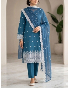 Ensemble Shalwar Kameez pour femmes, imprimé numérique ethnique, dentelle florale, avec dupatta, marron rouille, décontracté - Product Image 4