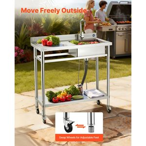 Évier utilitaire de cuisine commercial à cuve unique 39,4x19,7x41,5 pouces en acier inoxydable avec roulettes et robinet d'eau chaude et froide pour plan de travail - Product Image 3