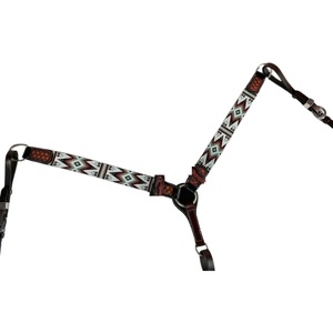 Western <b>Leather</b> Comfortable Durable One Ear Headstall Breast Collar Set Native Beaded Geometric Pattern Horse Tack Gear - Product Image 2
