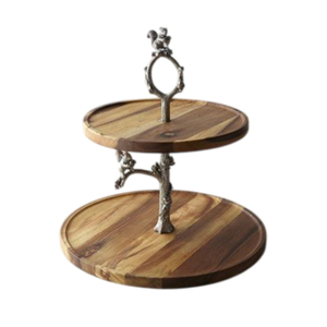 Support à gâteau en bois à 2 niveaux avec accent branche dorée et oiseau, élégant plateau de service en bois de manguier pour desserts, idéal pour les fêtes d'anniversaire et les hôtels - Product Image 3