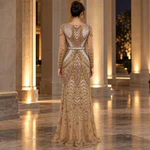 Dramatic Embellished Evening Gown Deep V Neck Sheer Full Sleeves | Geometric Beadwork Narrow Waist Floor Length Chic Party <b>Dress</b> - Product Image 4