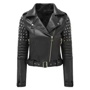 แจ็คเก็ตหนังแท้ 100% สำหรับผู้หญิง ตกแต่งด้วยหมุด พร้อมซับในผ้าฝ้าย ผลิตโดยผู้ผลิตมืออาชีพจากปากีสถาน มีจำหน่ายแล้ว - Product Image 1