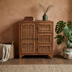 New Modern Minimalist Lombok Wooden <b>Storage</b> Cabinet Natural Rattan Wicker 1 Large Door 3 Drawers Side Table Unit Living Room <b>Bed</b> - Product Image 2