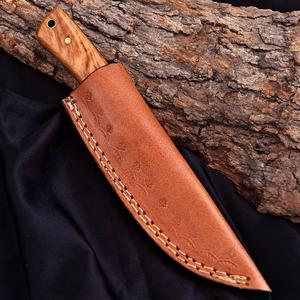 Stainless Steel Fixed Blade Hunting Skinning Camping Knife Olive Wood Handle Full Tang Bevel Edge Custom OEM/ODM Leather Sheath - Product Image 5