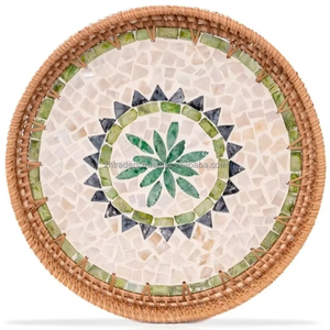 ชุดถาดหวายฝังมุกสุดหรูดีไซน์ทรงกลมงานถักด้วยมือเหมาะสำหรับการตกแต่งภายในสไตล์โบโฮและทันสมัย - Product Image 1