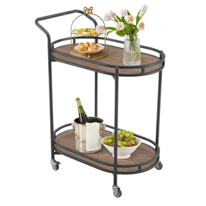 Modern Vintage Eco-Friendly <b>Round</b> Metal Rolling Kitchen Cart with Wooden Shelves Durable Storage for Party Use - Product Image 3
