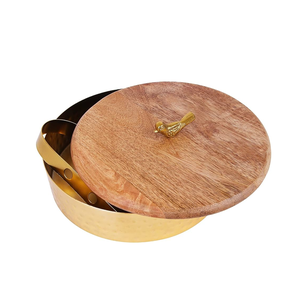 Premium Wooden Roti Box With <b>Tong</b> for <b>Serving</b> Wooden Casserole 22cm Round brass brid design Chapati Box With wood Lid - Product Image 3