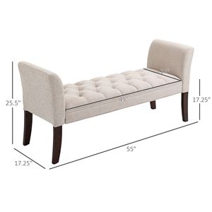 Panca Imbottita Beige con Bottoni e Gambe e Braccioli in Legno Massello per l'Uso a Fine Letto - Product Image 3