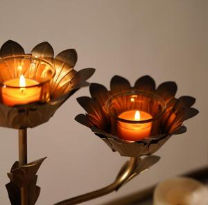 Golden Metal Flower Shape <b>Candelabra</b> With Three Arms For Home Decoration - Product Image 4