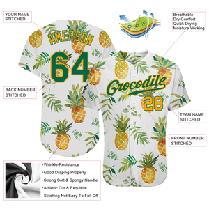 Ensemble de vêtements de basketball unisexe personnalisable pour adultes, blanc, vert-or, motif d'ananas hawaïen 3D, style maillot de baseball, personnalisable - Product Image 3