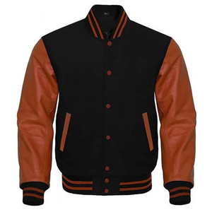 แจ็คเก็ตหนังแท้ Letterman Custom Varsity สำหรับผู้ชาย รุ่น Starters สีดำ แจ็คเก็ตเบสบอลแบบ Bomber ผ้าขนสัตว์ แขนหนังวัวแท้ - Product Image 1