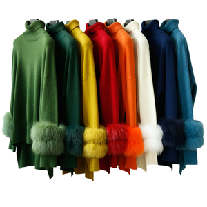Suéter de cuello alto para mujer, jersey de punto de manga larga con puños de piel de zorro, color liso, top grueso de invierno - Product Image 4