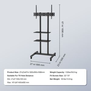 Portable <b>TV</b> <b>Stand</b> Cart for 32 70 Inch <b>TVs</b> Height Adjustable Double Tray Audio Tilt Feature for Mobile Use Durable LCD Material - Product Image 6