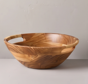 Bol de service en bois de manguier finition naturelle, grand saladier en bois avec poignée intégrée et revêtement en rotin - Product Image 4