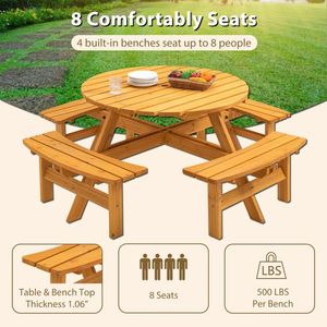 Tavolo da Picnic Circolare in Legno per 8 Persone con 3 Panche Integrate per Uso Esterno, Spiaggia, Patio, Giardino - Product Image 3