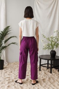 Pantalon cargo violet taille haute pour femme, coupe ample, longueur intégrale, en coton, taille élastique, décontracté, pour l'été, avec poches - Product Image 6