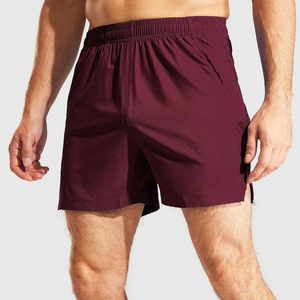 Shorts de sport pour homme, couleur bordeaux, séchage rapide, avec poches, taille élastique, longueur courte, couleur unie, tissu tricoté - Product Image 5