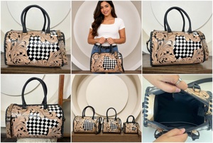 2026 Personalized Stylish Handcrafted Cowhide Leather Speedy Bag Checkered Western Duffel Vintage Travel Handbag for Women - Product Image 3